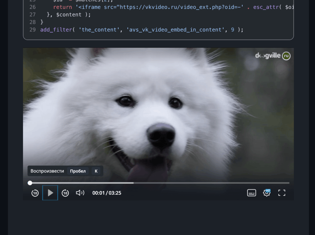видео vk и rutube в wordpress